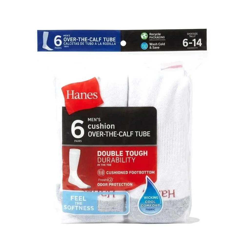 New Hanes Mens 6 Pack Cushion Over The Calf Tube Socks White Size 6-14 FreshIQ